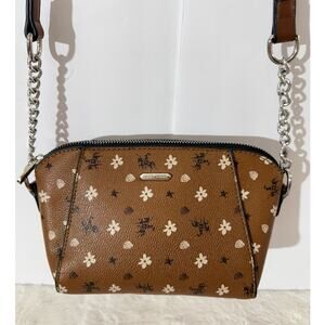 David Jones Paris Brown Floral Cowboy Mini Crossbody Bag Adjustable Strap